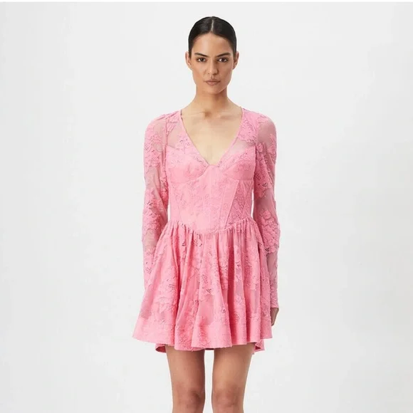 NWT Bardot Ellie Lace Corset Dress Hot Pink Bloom XL Mini Skirt Long Sleeve - Picture 9 of 10